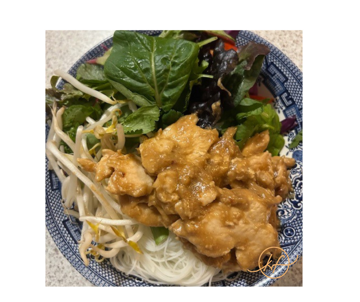 Chicken tenders in peanut sauce with vermicelli noodle salad